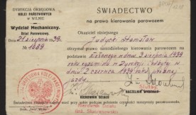 Świadectwo na prawo kierowania parowozem z dnia 21 sierpnia 1939 wystawione dla Stanisława Judyckiego